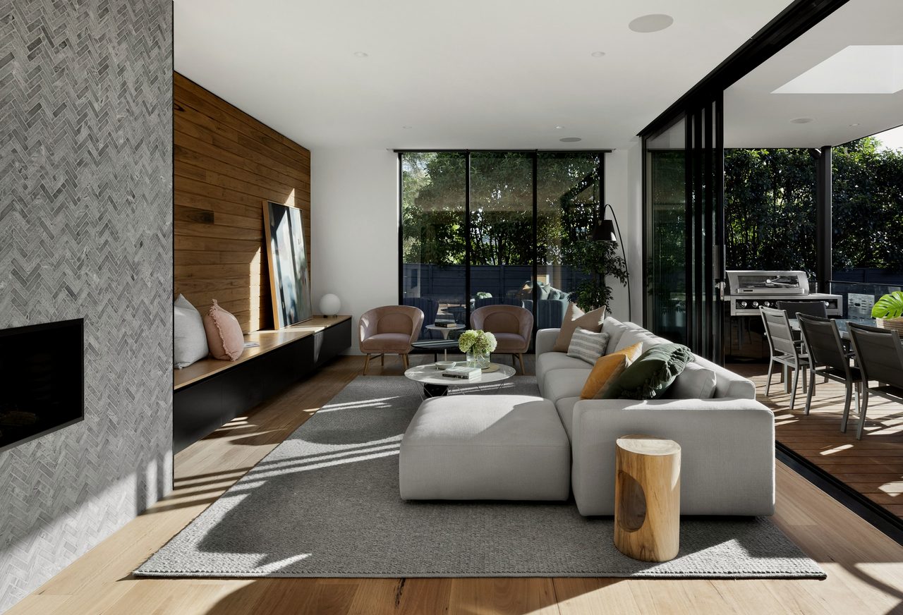 Drawing room with wood panelling and a fireplace